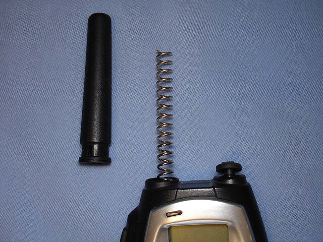 Rubber ducky antenna on  446 MHz UHF  walkie-talkie with rubber cover removed.