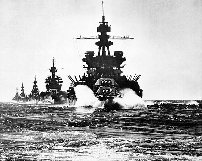 USS Pennsylvania leading USS Colorado, USS Louisville, USS Portland, and USS Columbia into Lingayen Gulf before the landing on Luzon, Philippines in January 1945.