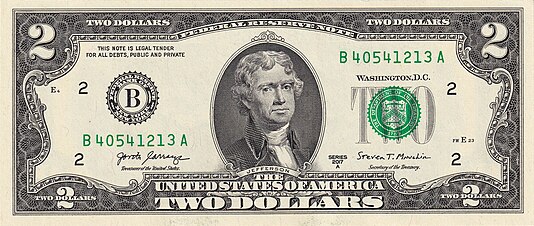Billete de 2 dólares con la efigie de Jefferson