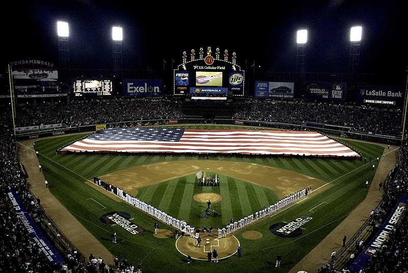 File:US Navy 051022-N-1592S-001 One hundred twenty-five Sailors from Naval Station Great Lakes unfurl the Stars and Stripes during the singing of the National Anthem before 41,206 fans for the opening game of this years World Series.jpg