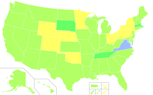 Each U.S. state by the assessed quality of its article..mw-parser-output .legend{page-break-inside:avoid;break-inside:avoid-column}.mw-parser-output .legend-color{display:inline-block;min-width:1.25em;height:1.25em;line-height:1.25;margin:1px 0;text-align:center;border:1px solid black;background-color:transparent;color:black}.mw-parser-output .legend-text{}  FA  GA  B  C