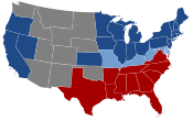 Map showing the divide between northern states and southern states after the American Civil War (blue is north, red is south) US map 1864 Civil War divisions.svg