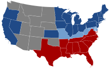 A map of the United States. The northern and western states are denoted as Union states. The southern states are denoted as Confederate states. Union states bordering the Confederacy are denoted as Union slave states.