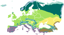 Biomes of Europe and surrounding regions:
tundra alpine tundra taiga montane forest
temperate broadleaf forest mediterranean forest temperate steppe dry steppe Vegetation Europe.png
