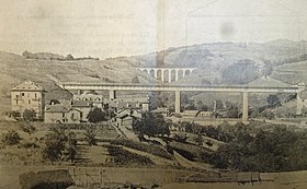 Paudèze viadukt fém fedélzettel, 1858-1860.  Fent a korabeli Rochettaz viadukt.