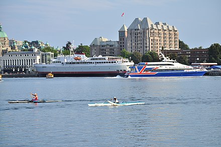 The Black Ball Ferry Line's M/V Coho and Victoria Clipper IV in Victoria's Inner Harbour