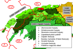Vnější Západní Karpaty, Malé Beskydy vyznačeny červeným polem