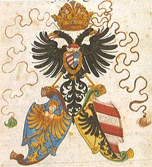 The three-pass coat of arms of the Nuremberg city arms , around 1700: double-headed imperial eagle and both Nuremberg city arms, large coat of arms with king-head eagle, transformed into a virgin eagle from the middle of the 15th century, and small coat of arms with a split shield, in front in gold the half black imperial eagle and in the back with the Field divided diagonally by red and silver five times. Wappendreisspass.jpg