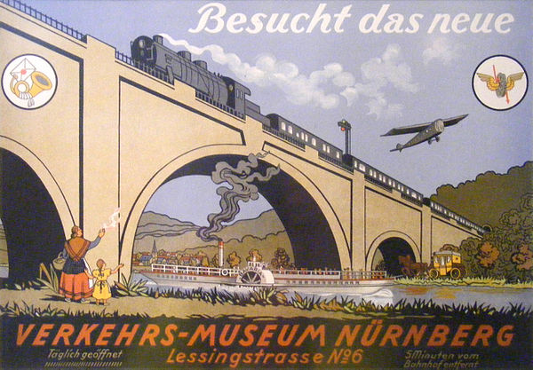 A 1920s advertisement which says "Visit the new Transport Museum in Nuremberg".