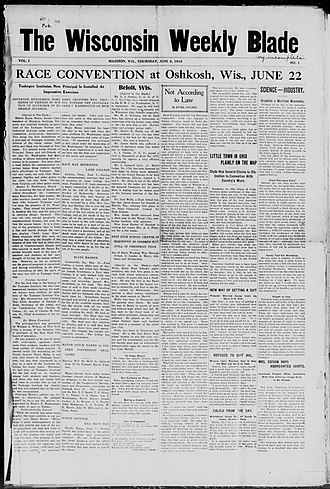 Front page of the Wisconsin Weekly Blade from June 1916. Wisconsin Weekly Blade 1916-06-08.jpg