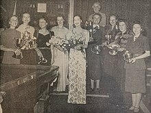 The 1948 Women's Billiards Association awards ceremony. Pictured, (left to right), are Ruth Harrison, Thelma Carpenter, Joyce Gardner, Agnes Morris, Valerie Hobson, Evelyn Morland-Smith, Beryl Stamper, Joan Adcock, E. Peters. Back row: Gladys Burton. Women's Billiards Association awards 1948.jpg