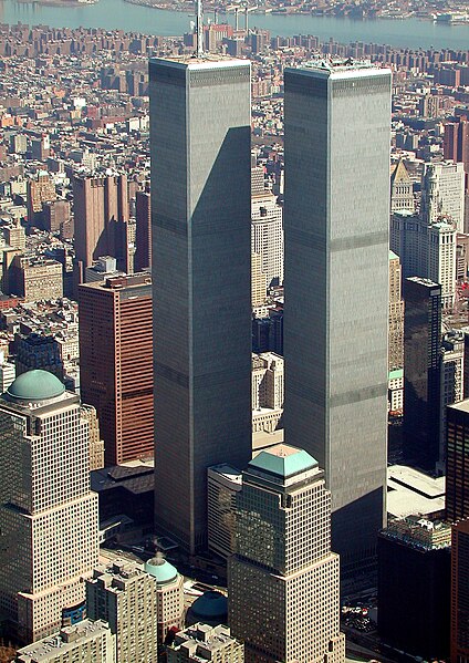 The original complex in March 2001. The tower on the left, with antenna spire, was 1 WTC. The tower on the right was 2 WTC. All seven buildings of the