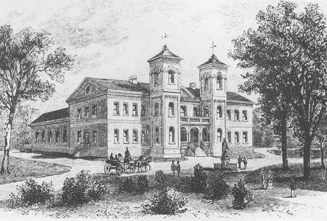 The College Building as it appeared from 1859–1862 with Italianate towers