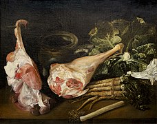 Table de cuisine ou Nature morte au gigot (Kitchen table or Still life with lamb) by Michel-Honoré Bounieu, Musée des beaux-arts de Caen.