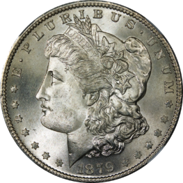 Morgan silver dollar 1879S Morgan Dollar NGC MS67plus Obverse.png