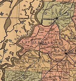 Map of Lauderdale County, showing Fowlkes in southern Dyer County