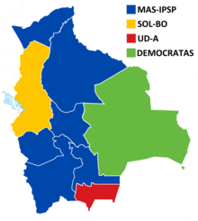 Winning party in departmental governors' elections 2015 Bolivian governors elections map.png