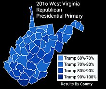 County results of the West Virginia Republican presidential primary, 2016
Donald Trump 2016WestVirginiaRepublicanPresidentialPrimary.jpg
