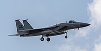 A US Air Force F-15C Eagle, tail number 85-0112, on final approach at Kadena Air Base in Okinawa, Japan. It is assigned to the 18th Wing at Kadena AB.