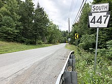 Southbound PA 447 running through Price Township 2022-08-09 11 40 48 View south along Pennsylvania State Route 447 (Creek Road) at Clarks Road and Snow Hill Road in Price Township, Monroe County, Pennsylvania.jpg