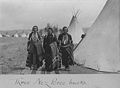 Dva pripadnika plemena Nez Perce, Walla-qua-mit (lijevo) i Jim White (desno), stoje isperd tipija s Chu-ya, pripadnikom plemena Umatilla (sredina); 1903.
