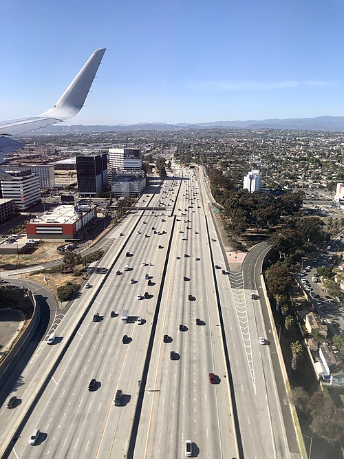 The I-405 freeway as seen from a plane landing at Los Angeles International Airport