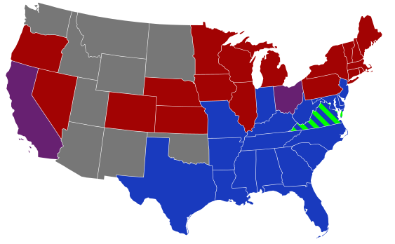 Senators' party membership by state at the opening of the 50th Congress in March 1887. The green stripes in Virginia represent Readjuster Harrison H. Riddleberger.
.mw-parser-output .legend{page-break-inside:avoid;break-inside:avoid-column}.mw-parser-output .legend-color{display:inline-block;min-width:1.25em;height:1.25em;line-height:1.25;margin:1px 0;text-align:center;border:1px solid black;background-color:transparent;color:black}.mw-parser-output .legend-text{}
2 Democrats
1 Democrat and 1 Republican
2 Republicans
Territories 50th United States Congress Senators.svg