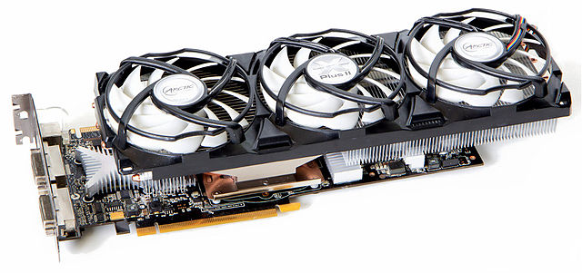 A 3-fan heatsink mounted on a video card to maximize cooling efficiency of the GPU and surrounding components