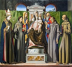 Alvise Vivarini, Madonna col Bambino in trono e i santi Ludovico da Tolosa, Antonio da Padova, Anna, Gioacchino, Francesco e Bernardino da Siena, 1480