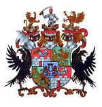 Bronz arabeszkeken álló sas pajzstartók az Andrássy család grófi címerében