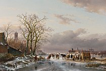 Schaatsers bij een Hollandse stad, 1857, olieverf op doek