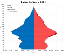 Population pyramid of Asian or Asian British Indians in 2021 (in England and Wales) Asian Indian population pyramid 2021.svg