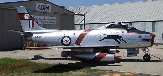A94-901 (Mk 30), the first production CAC Sabre, in the colours of the "Black Panthers" aerobatics team of No. 76 Squadron