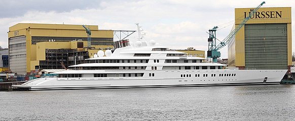 The superyacht Azzam built by German shipyard Lürssen was launched on 5 April 2013. At 180 metres (590 ft) in length, as of June 2018 it is the longest private motor yacht in the world.