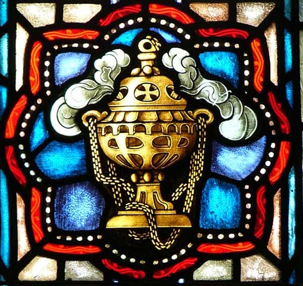 Image of a thurible in a stained glass window, St. Ignatius Church, Chestnut Hill, Massachusetts