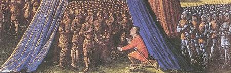 Surrender of the city of Jerusalem, Balian of Ibelin before Saladin (from manuscript, c. 1490) BalianofIbelin1490.jpg