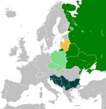 Political map of Europe with countries where a Slavic language is a national language marked in shades of green and where a Baltic language is a national language marked in light orange. Wood green represents East Slavic languages, pale green represents West Slavic languages, and sea green represents South Slavic languages. Contemporary Baltic languages are all from the same group: Eastern Baltic Balto Slavic countries.svg