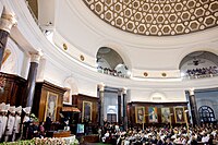 President of the United States of America Barack Obama at the Parliament of India in New Delhi addressing Members of Parliament of both houses in a Joint Session of the Parliament of India.