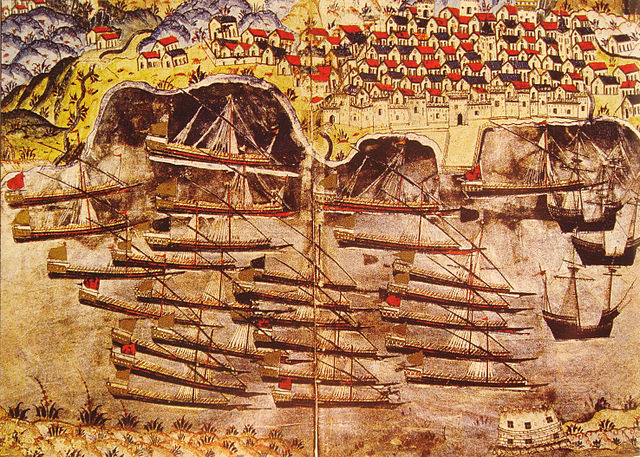 Barbarossa's Ottoman fleet, of the Regency of Algiers, wintering in the harbour of Toulon in 1543, with the Tour Royale (bottom right).