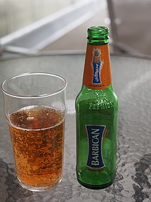 A bottle of pineapple-flavoured Barbican at a restaurant in Helsinki, Finland.