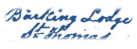 Barking Lodge, St. Thomas in the East, Jamaica (taken from a birth entry transcription by registrar W. Tilly, 1895) BarkingLodge Motif Tilly CC2049 Blue.jpg