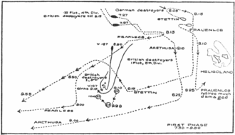 Movement of ships during first phase of Battle of Heligoland Bight, including sinking of V187 Battle of Heligoland Bight (1914) First Phase Map.png