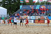 Deutsch: Beachhandball Europameisterschaften 2019 (Beach handball Euro); Tag 6: 7. Juli 2019 – Spiel um Platz Drei, Männer, Ungarn-Russland 2:0 (26:20, 23:22) English: Beach handball Euro; Day 6: 7 July 2019 – Men's Bronze Medal Match – Hungary-Russia 2:0 (26:20, 23:22)