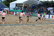 Deutsch: Beachhandball Europameisterschaften 2019 (Beach handball Euro); Tag 5: 6. Juli 2019 – Frauen, Platzierungsspiel für die Ränge 17–20, Nordmazedonien-Slowenien 0:2 (10:13, 9:15) English: Beach handball Euro; Day 5: 6 July 2019 – Placement Match/Cross Match for rank 17–20 Women – North Macedonia-Slovenia 0:2 (10:13, 9:15)