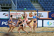 Deutsch: Beachhandball Europameisterschaften 2019 (Beach handball Euro); Tag 5: 6. Juli 2019 – Frauen, Platzierungsspiel für die Ränge 17–20, Nordmazedonien-Slowenien 0:2 (10:13, 9:15) English: Beach handball Euro; Day 5: 6 July 2019 – Placement Match/Cross Match for rank 17–20 Women – North Macedonia-Slovenia 0:2 (10:13, 9:15)