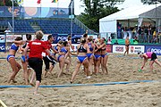 Deutsch: Beachhandball Europameisterschaften 2019 (Beach handball Euro); Tag 5: 6. Juli 2019 – Frauen, Halbfinale, Ungarn-Niederlande 2:0 (19:16, 15:12) English: Beach handball Euro; Day 5: 6 July 2019 – Semifinal Women – Hungary-Netherlands 2:0 (19:16, 15:12)