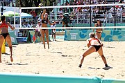 Deutsch: Beachvolleyball bei den Olympischen Jugendspielen 2018; Tag 9, 15. Oktober 2018; Mädchen, Viertelfinale: USA-Spanien 2–1 (21–19/17–21/15–9) English: Beach volleyball at the 2018 Summer Youth Olympics at 15 October 2018 – Girls Quarterfinals: USA-Spain 2–1 (21–19/17–21/15–9)