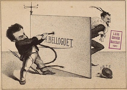 Autoportrait de Belloguet tirant le diable par la queue (carte de visite ou de vœux, 1875).