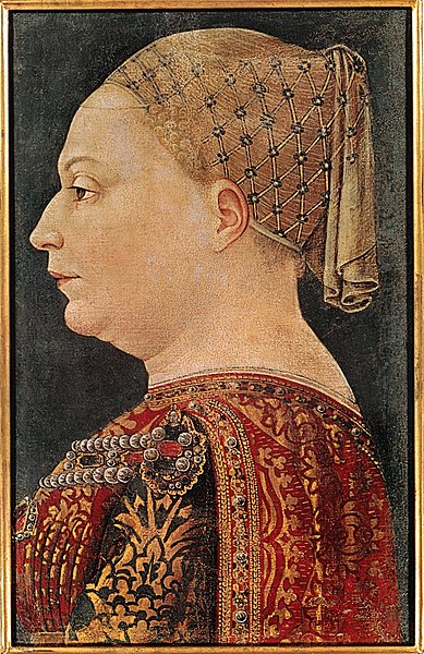 Bianca Maria Visconti in a portrait by Bonifacio Bembo, Pinacoteca di Brera, Milan.