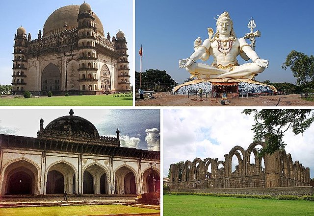 Clockwise from top: Gol Gumbaz, Shivagiri Monument, Bara Kaman, Jama Mosque.